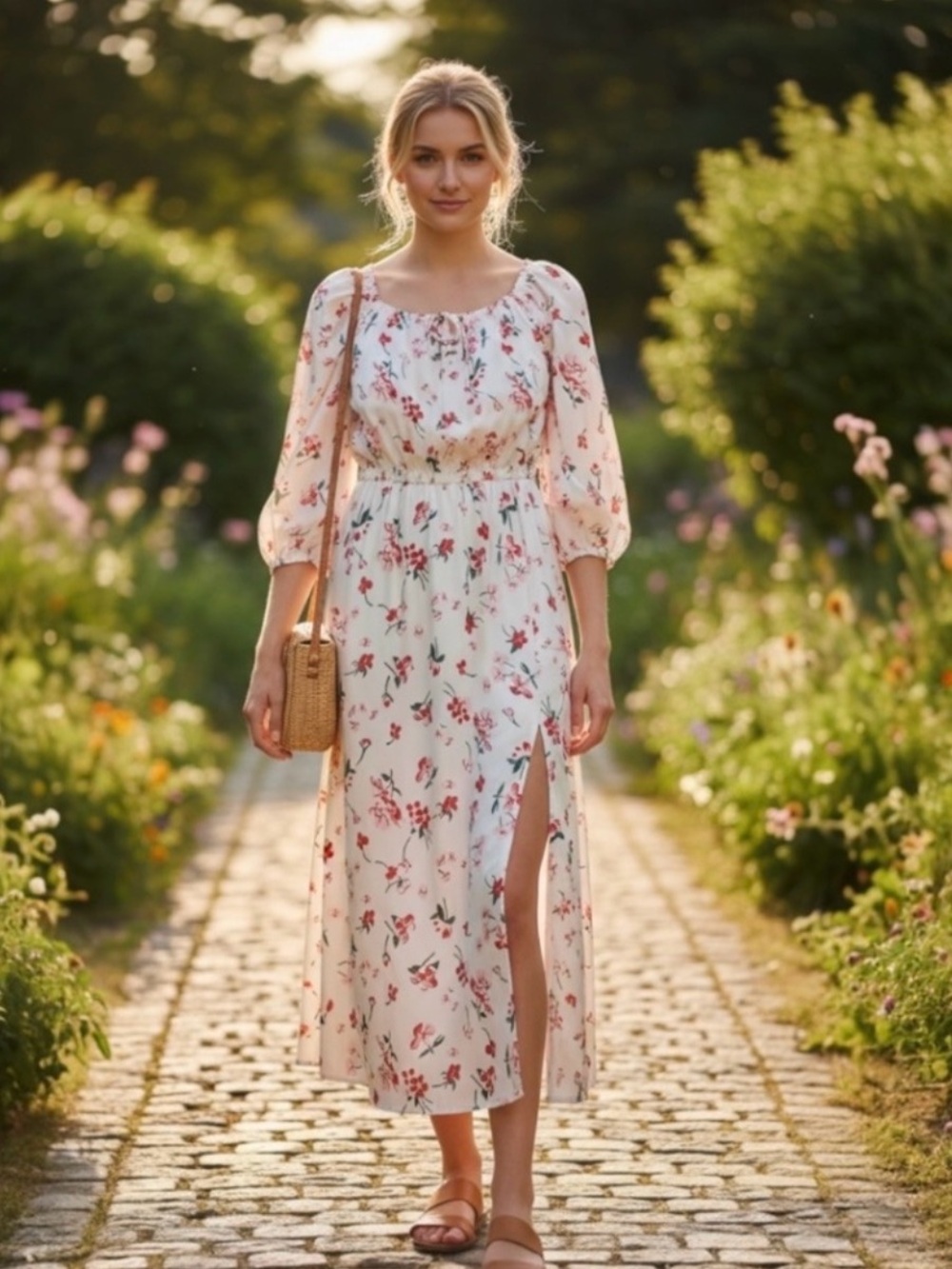 Floral Midi Dress with Puff Sleeves and Side Slit